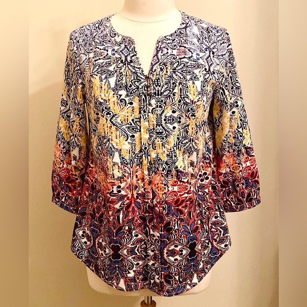 Christopher & Banks Black Yellow Leaf Print SZ S Office Casual Contemporary Top